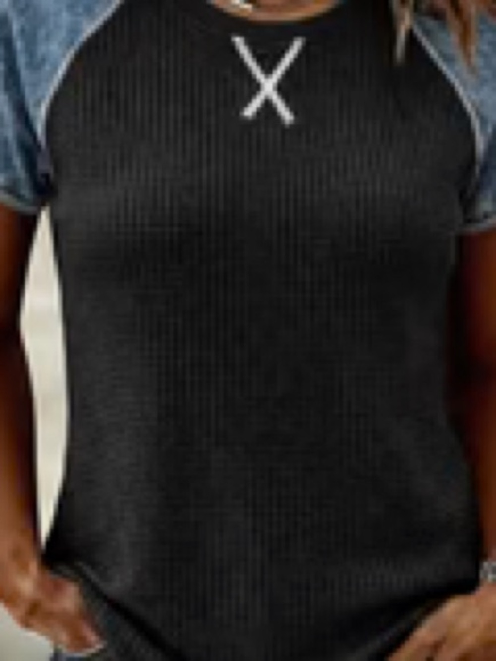 Black Short Sleeve Waffle Women's Top